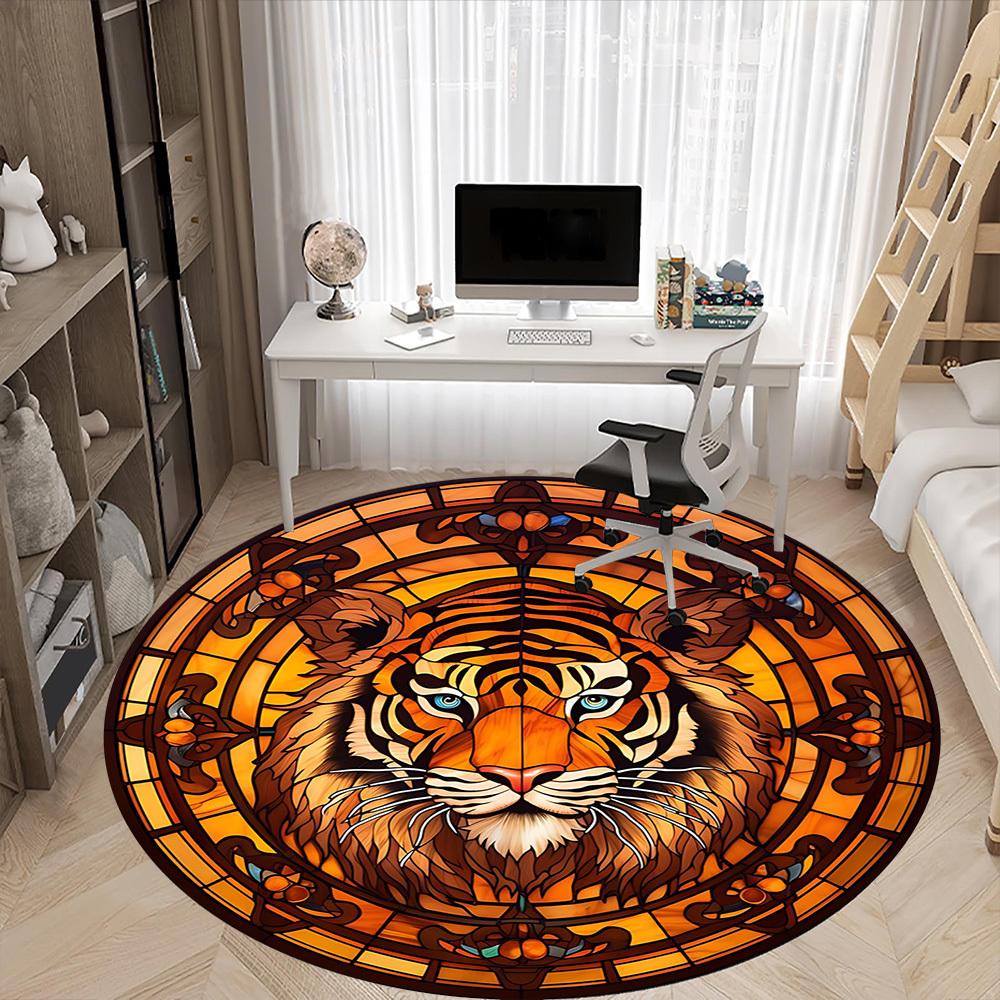 1 Stück Tiger Buntglas Büro Runder Teppich, Indoor-Matte Geeignet Für Büro, Unter Bürostühlen Schlafzimmer Wohnzimmer Heimdekoration, Raumdeko