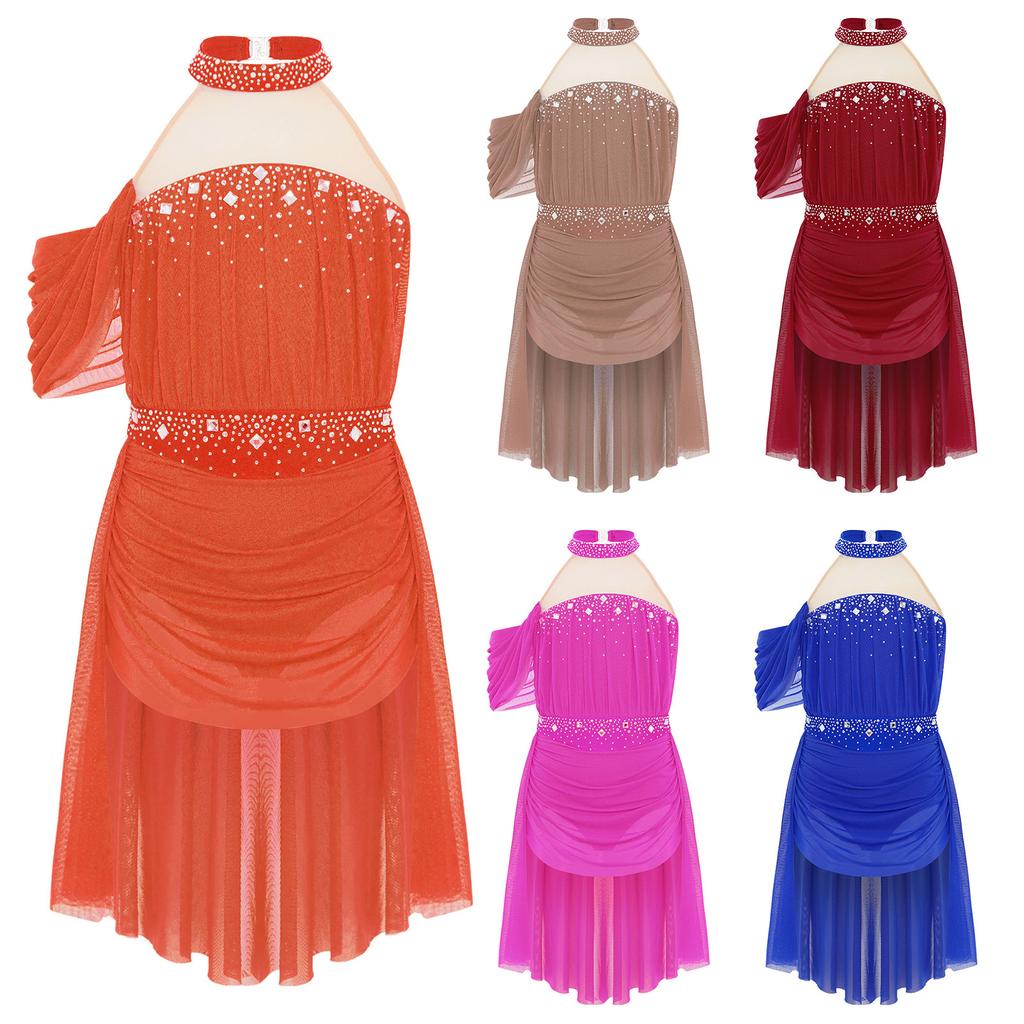 Kids Performance Dance Costume - Halter Backless Cutout Dress with Rhinestones & Ruched Mesh Drape