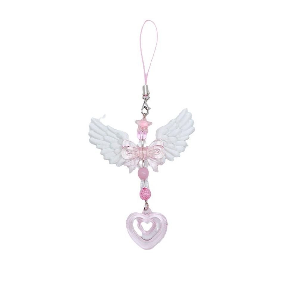 Cute Trendy Pink Bow Tie White Angel Wings Double Hearts String Beads Keychain Camera Pendant for Women Backpack Jewelry Gift