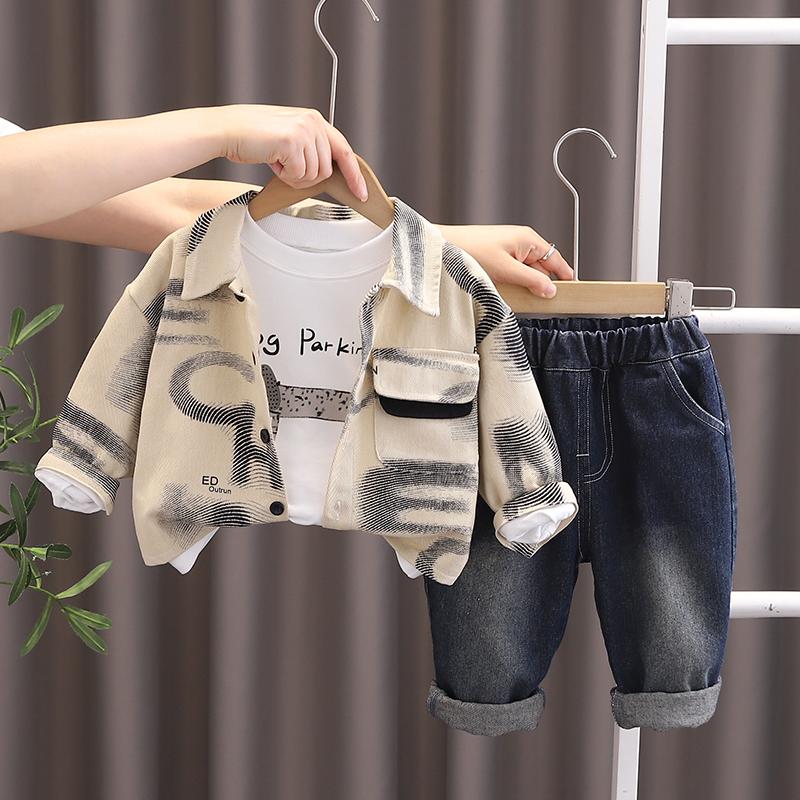 Boys' Long Sleeved 3-piece Set, 0-5-year-old Children's Letter Printed Jacket+white T-shirt+casual Denim Pants, Handsome Clothes