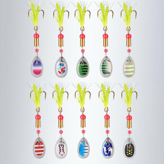 10Pcs 7.5CM/3G Spinner Blade Lure with Hook Feather Hard Metal Spinnerbait Rotating Sequin Lure Saltwater Freshwater Walleye Bass Fishing Accessories
