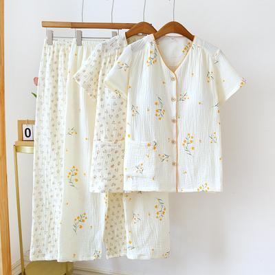 2026 Neues Damen Frühjahr/Sommer Pyjama-Set 100% Baumwollkrepp Kurzarm Hose mit Brustpolster Zweiteiliges Set Große Hauskleidung