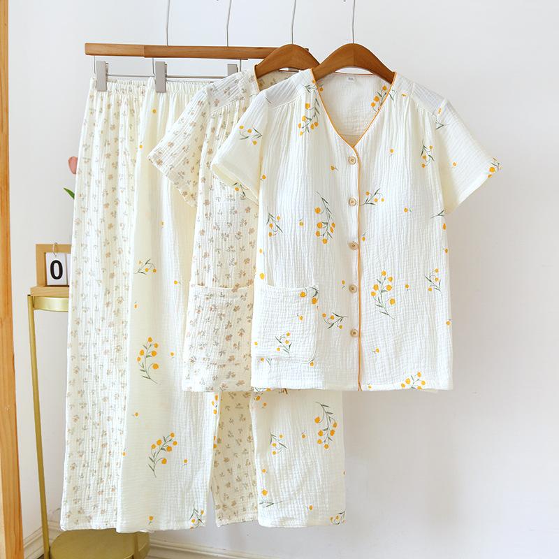 2026 New Women's Spring/Summer Pajama Set 100% Cotton Crepe Short Sleeve Pants with Chest Mat Two Piece Set Large Home Clothes