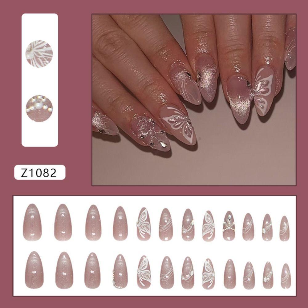 24pcs Manicure Long Almond False Nails Aurora Wave Bow Pearl Press On Nails Detachable Flower Starburst Fake Nials DIY