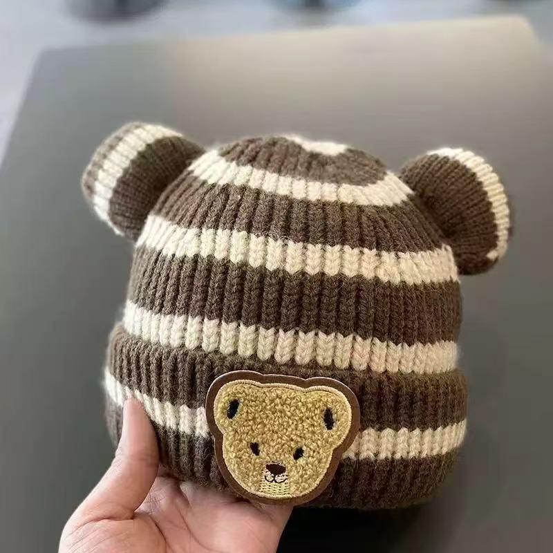 Trendige Koreanische Wollmütze mit Bommel für Babys & Kleinkinder - Herbst & Winter Bärenohren-Schutz-Design