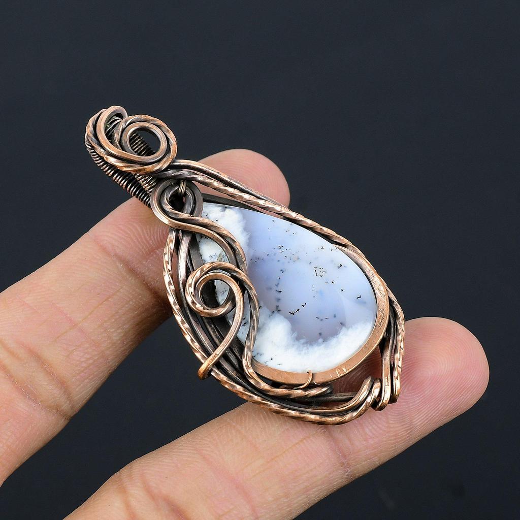 Dendrite Opal 999 Copper Wire Wrapped Pendant, Handmade Gemstone Jewelry Pendant Gift For Birthday