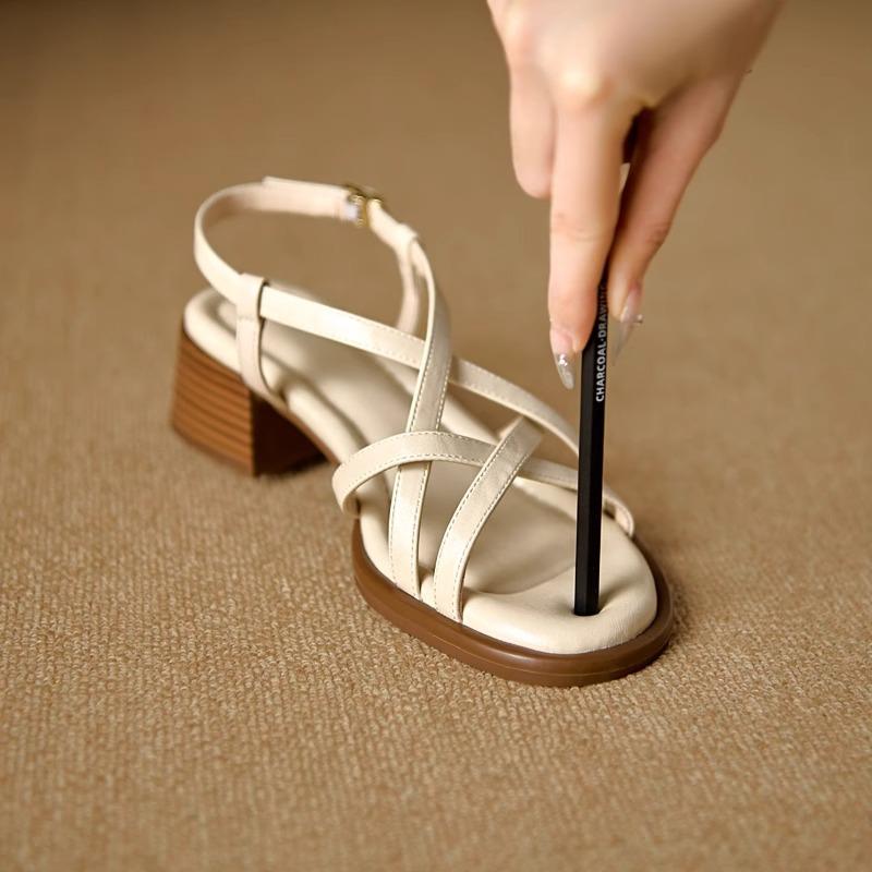 Genuine leather~ French sandals for women's summer 2025 new models with skirts, beautiful high heels, thick heels, Roman shoes
