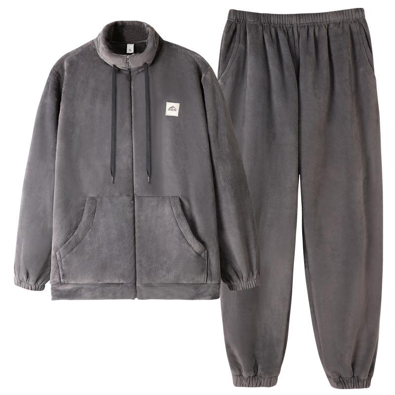 [Antistatic] Flannel Pajamas Men'S Winter Velvet Thickened Warm Flannel Loungewear Zipper Set