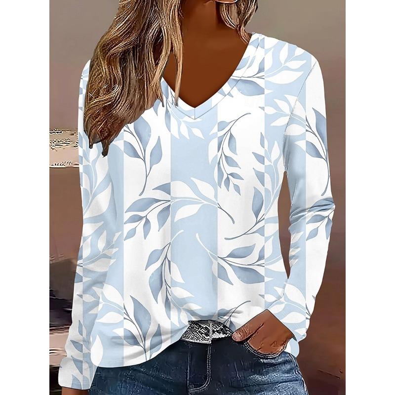 Women's T-Shirts Florals Graphics Plants Elegant Fashion Tees Long Sleeve T-shirts V-Neck Regular Tops Pullover Fall Winter