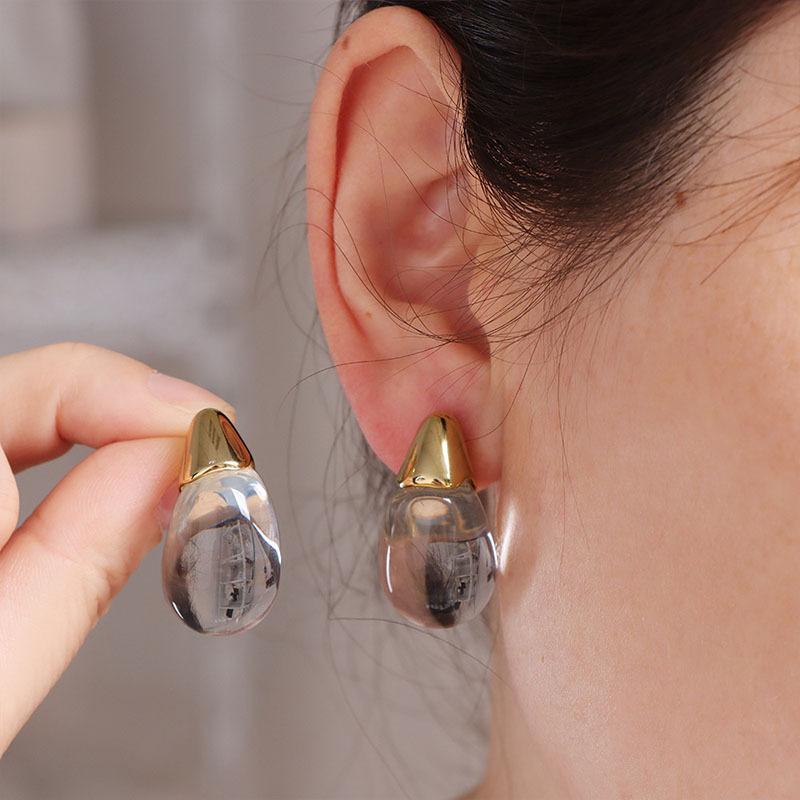 Vintage Transparent Coffee Resin Water Drop Earrings For Women Fashion Temperament Stud Earrings Female Party Daily Jewelry Gift