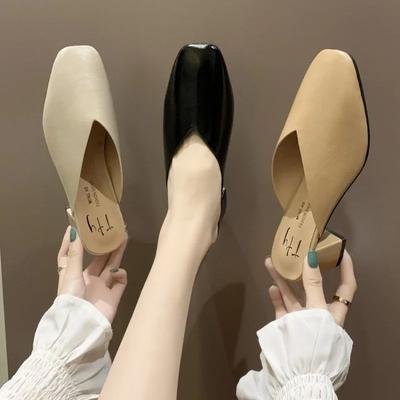 Baotou Half Slippers Women 2024 Summer New Outer Wear Solid Color Square Toe Thick Heel High-heeled Women's Shoes