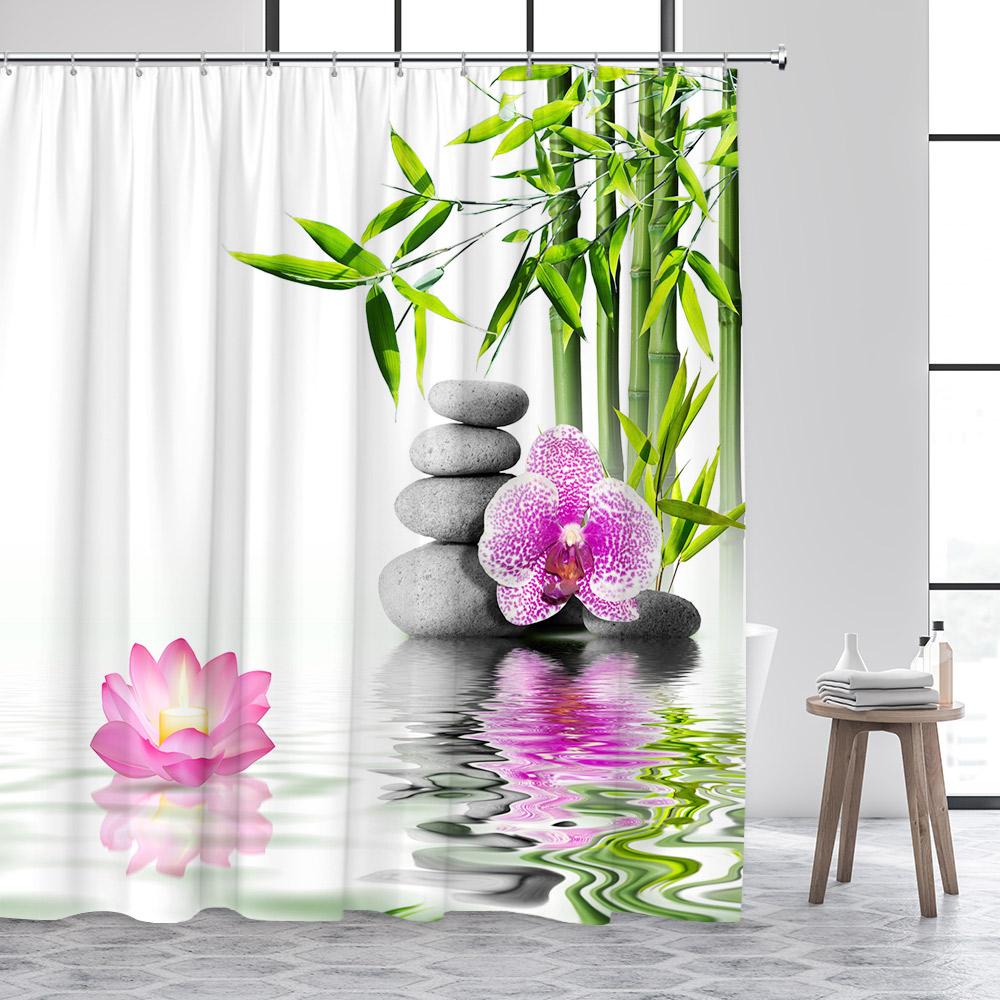 Zen Shower Curtain Green Bamboo Buddha Pink Orchid Lotus Swan Spa Nature Scenery Bathroom Curtains Fabric Home Decor with Hooks