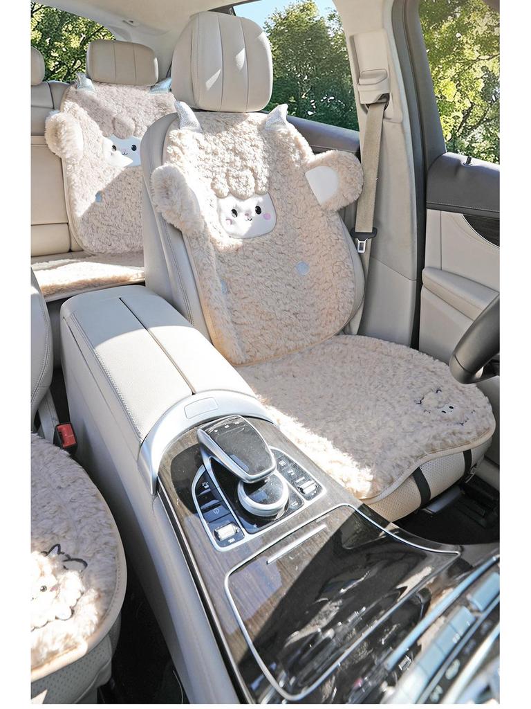 Universal Embroidered Lambswool Car Seat Cushion Set - Winter Warm 3-Piece Interior Decor.