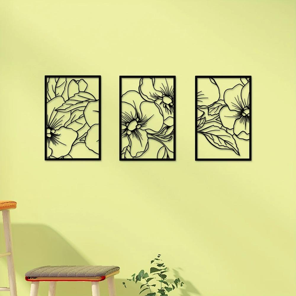 3dílná kovová nástěnná sada s květem hrušky - černé čtvercové moderní sochy | Stylová domácí dekorace do kanceláře, kuchyně a koupelny