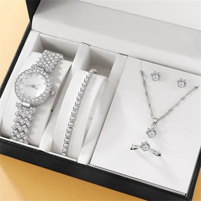 6 STUKS Set Luxe Horloge Vrouwen Ring Ketting Oorbellen Strass Mode Polshorloge Casual Dames Horloges Armband Set Klok