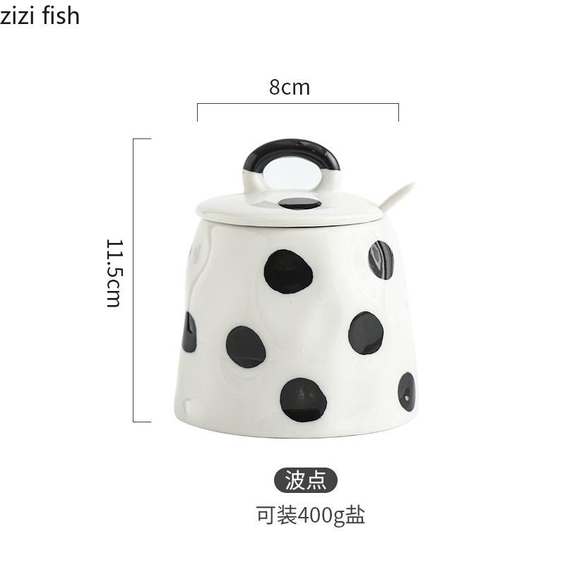 Borcan de condimente din ceramică creativ cu lingură Borcan de sare desenat manual Borcan de condimente Borcane de bomboane Borcane de piper Instrument de condiment de uz casnic