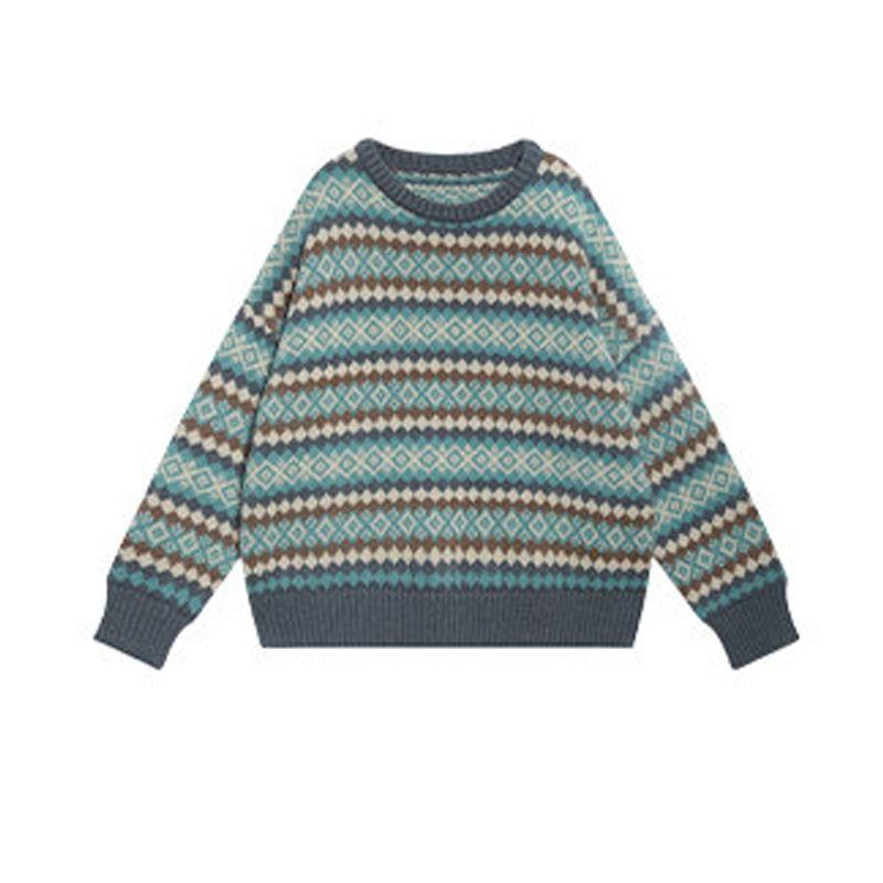 Autumn and Winter Warm Daily Loose Knitted Sweater Female Retro Casual Diamond Plaid Sweater Female