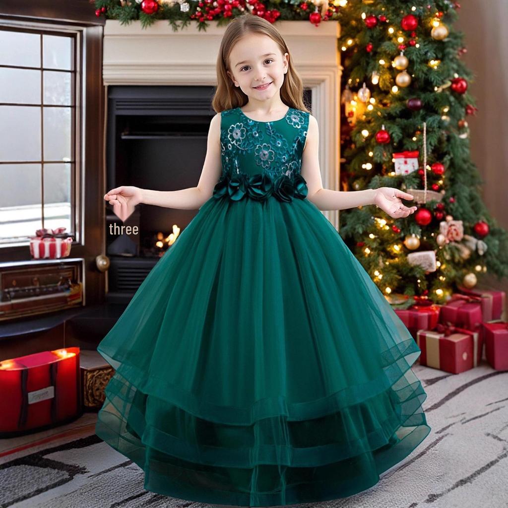 Girls' Red Embroidered Long Evening Dress - Christmas Princess & Performance Outfit