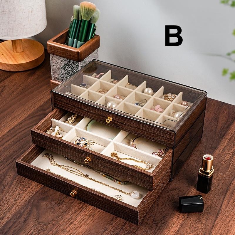 Walnut Wood Grain Jewelry Box, Necklace, Earring, and Decoration Box. 3-layer Jewelry Storage Box with Glass Windows