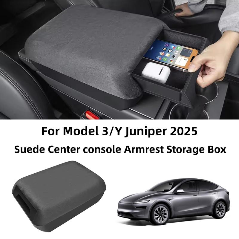 Armrest Box For Tesla Model Y Juniper 2026 Model 3 Highland Soft Suede Center Console Armrest Cover Booster Pad With Storage Box