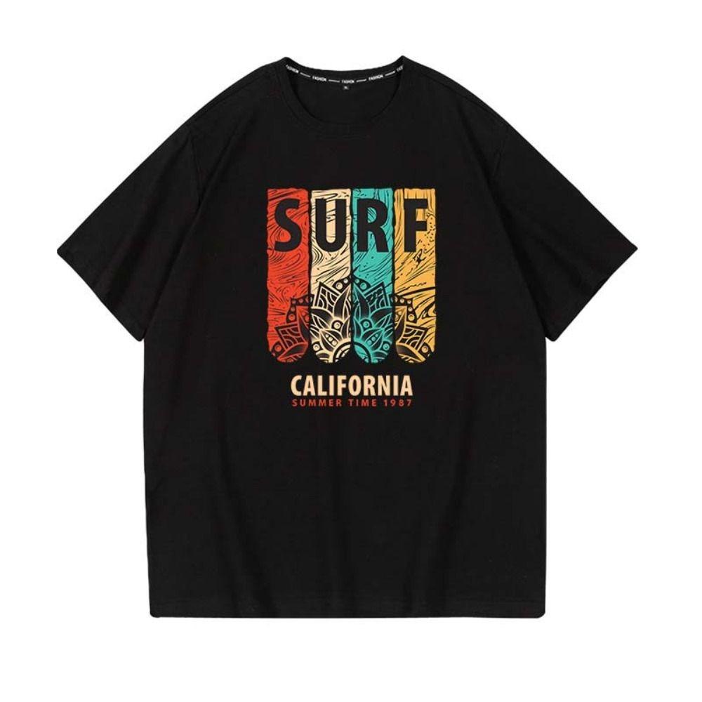 

Cotton Men s Letter Print T-shirt Round Neck Men Casual Pants Printed Short Sleeved Top Travel XL чёрный