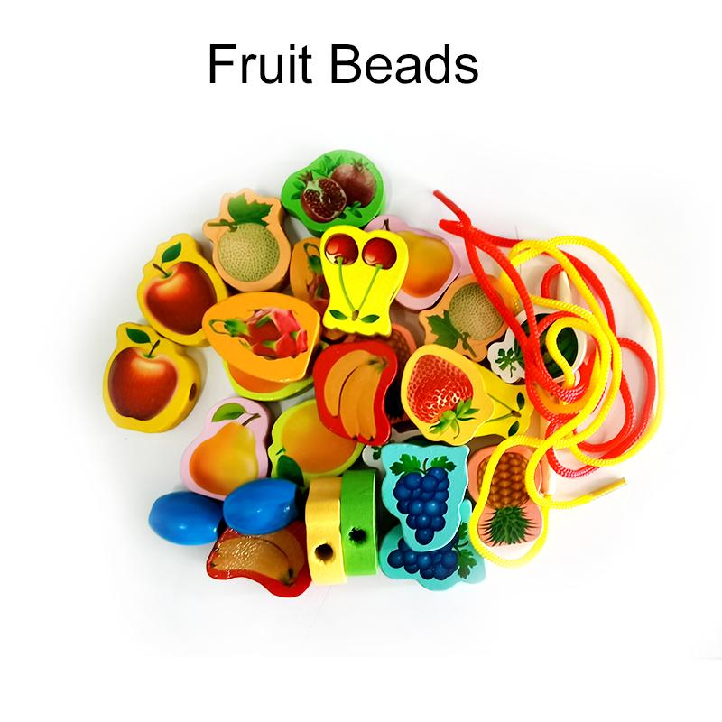 26 Stück Holzspielzeug Baby DIY Spielzeug Cartoon Obst Tier Schnurspiel Fädeln Holzperlen Spielzeug Monterssori Pädagogisch für Kinder GYH
