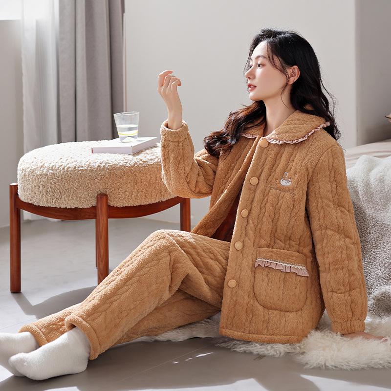 Winter Pajamas Women'S Thickened Fleece Coral Fleece Three-Layer Padded Cotton To Keep Warm, Winter Padded Jacket Set Flannel Loungewear