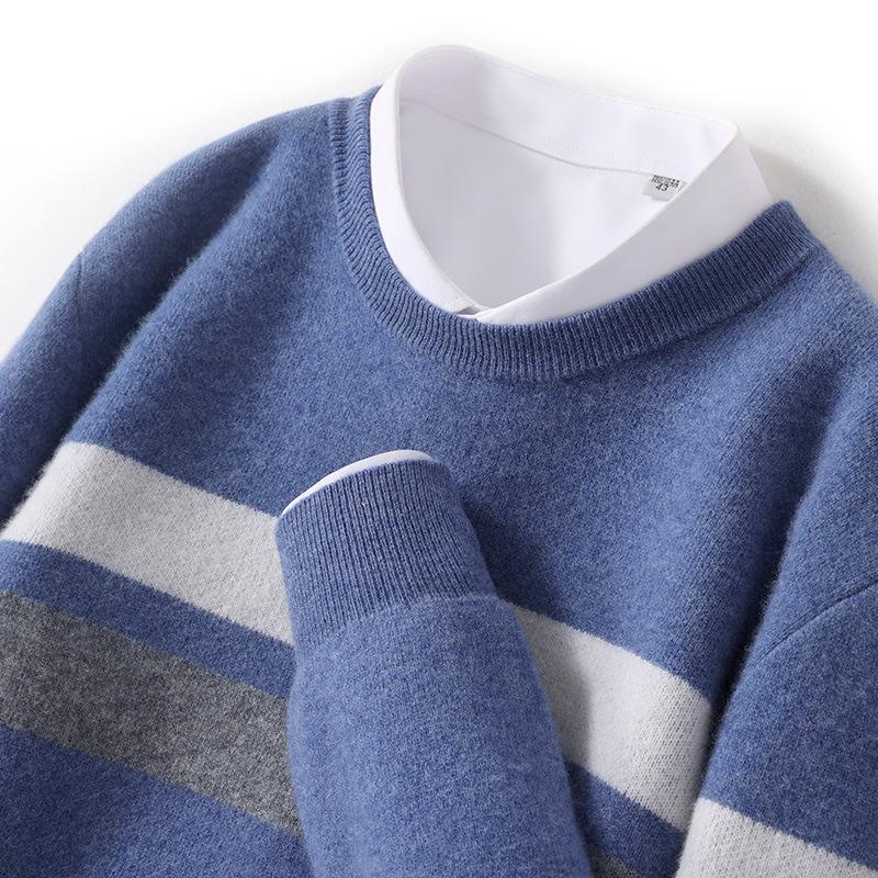 

Мужской свитер из чистой шерсти с цветными блоками и круглым вырезом - Осенне-зимняя мода, свободный пуловер XXL
