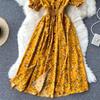 French-Style Retro Floral Dress with Puff Sleeves and Button-Up Slim Fit
