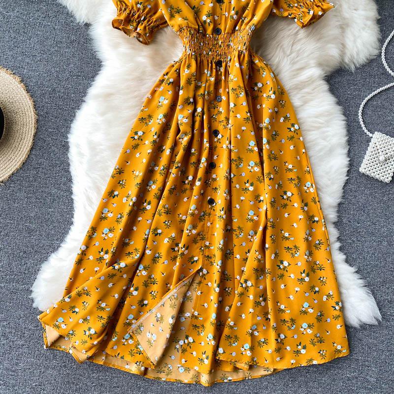 French-Style Retro Floral Dress with Puff Sleeves and Button-Up Slim Fit