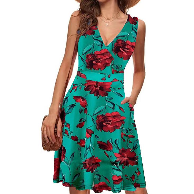 Women Elegant V-Neck Fashion Printed Pocket Sleeveless Dresses Summer Ladies Casual Short Dress Female Party Vestidos
