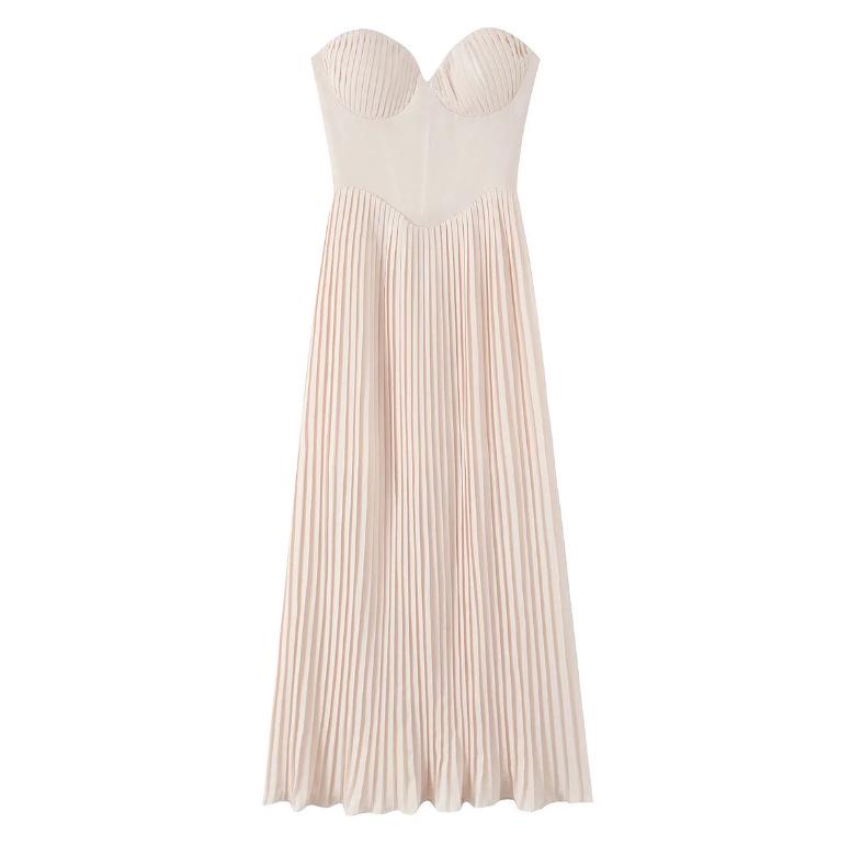 2025 Summer European & American Style One-Shoulder Solid Color Pleated Dress with Waist-Cinching for Women