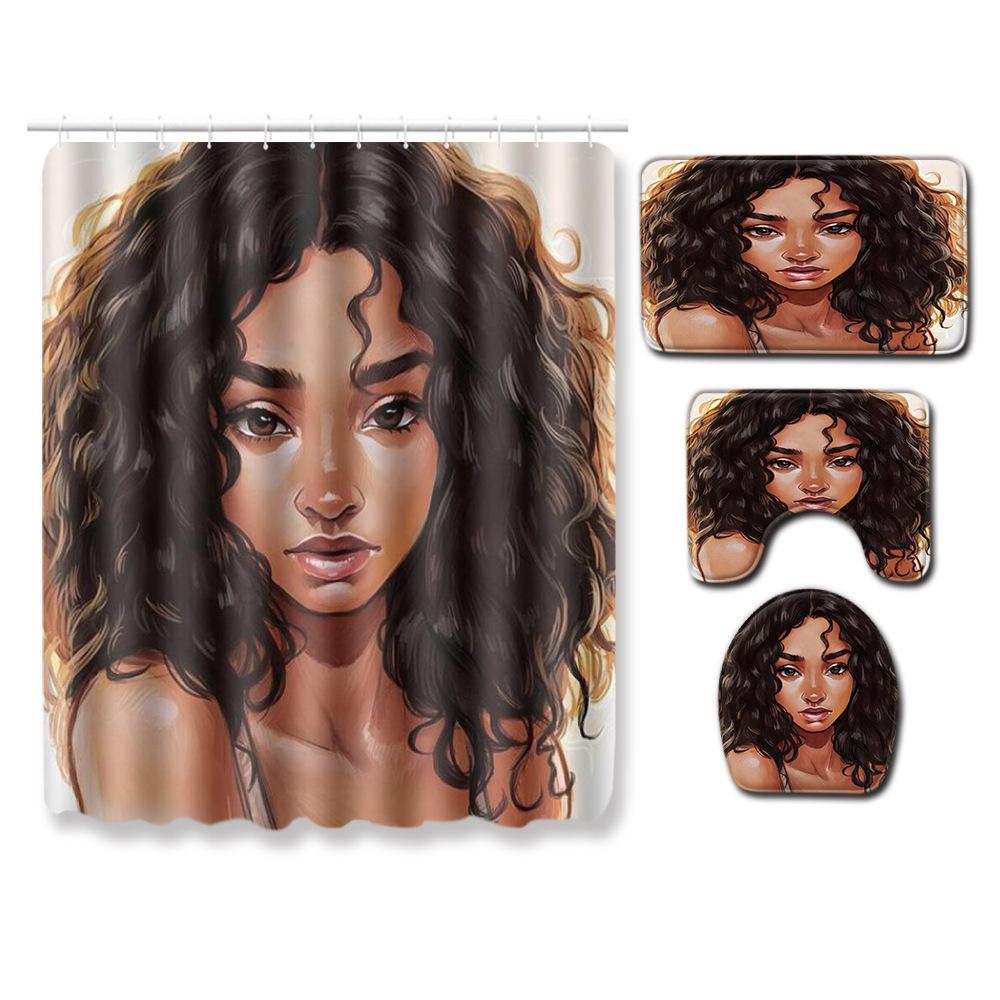 Creative Shower Curtain Floor Mat Combination Four-Piece Set Bathroom Toilet Carpet Shower Room Mat Foot Mat