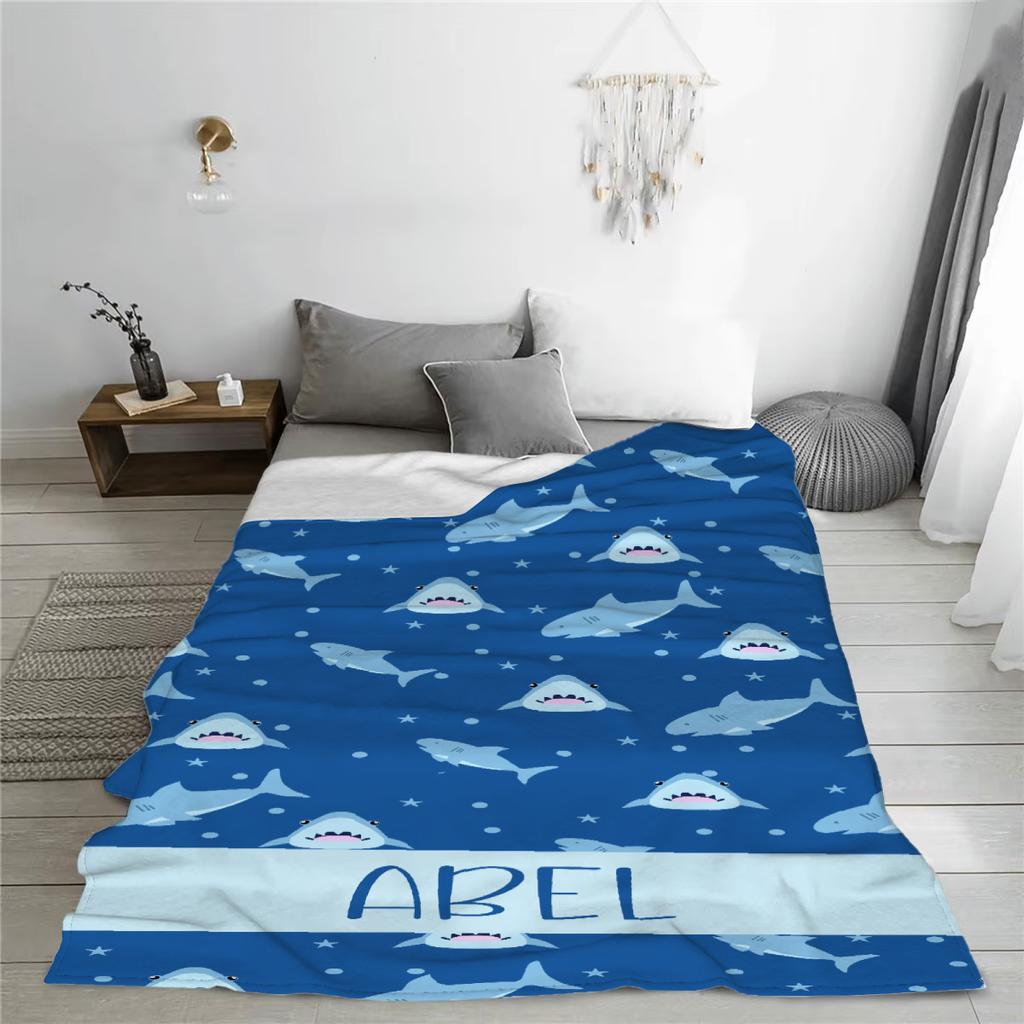 Cartoon Shark Blanket Custom Name Personalized Flannel Baby Blanket For Sofa Soft Birthday Gift Customized Blankets For Boys