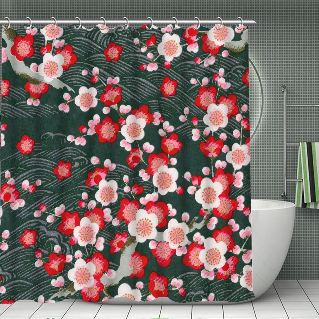 4pcs Plum Blossom Shower Curtain Set, Washable Polyester Bathroom Decor, Non-Slip Bath Mat, Toilet Lid Cover & U-Shaped Rug