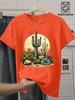 Ladies Round Neck Desert Sunset Cactus Succulent Landscape Printed Tshirt Fun Western Design for Daily Commuting