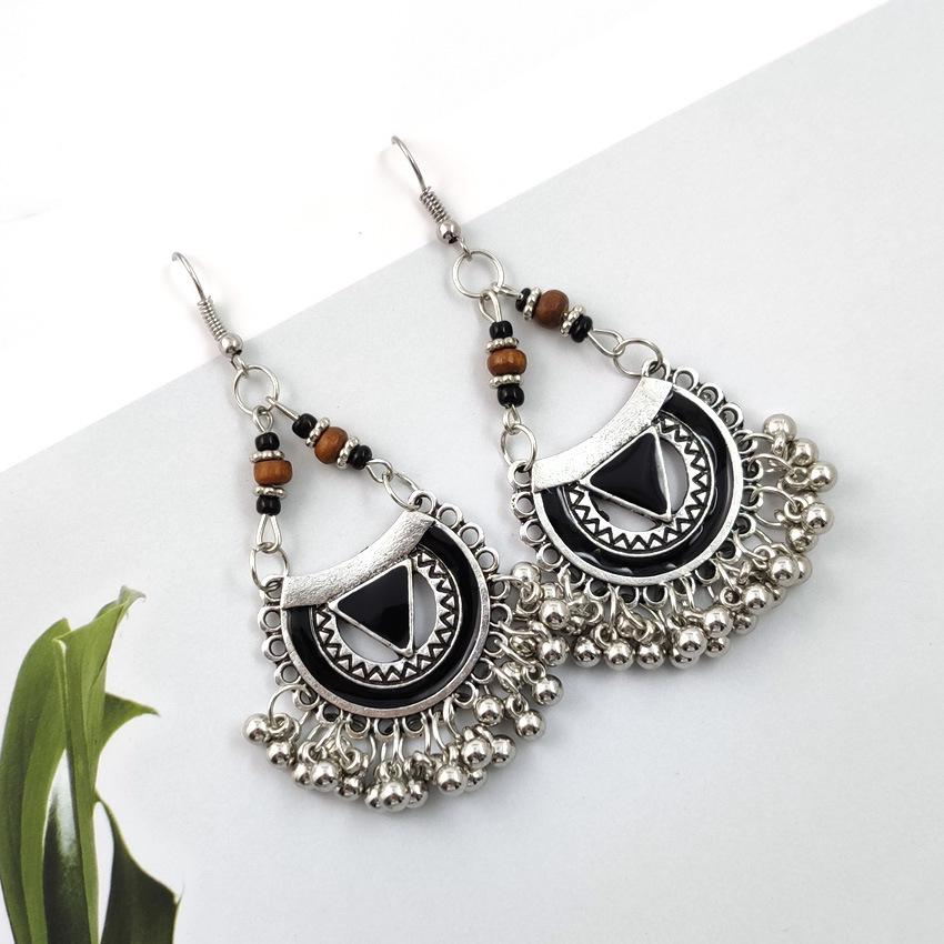 Versatile Retro Ethnic Multi-Element Earrings: Seed Beads, Wood & Oil-Rubbed, Triangle & Fan Shapes, Metal Ball Accessories