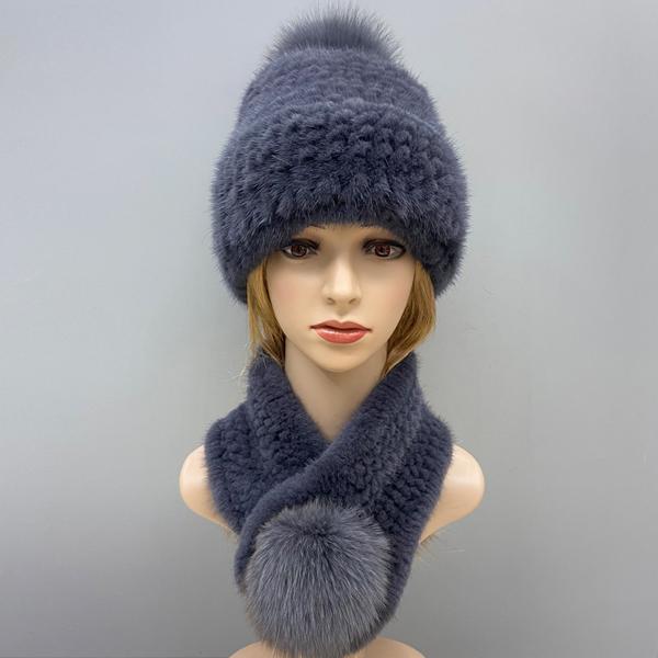Zimowy Ciepły Damski Zestaw Czapka Szalik Dzianinowa Czapka z Pomponem Pokryta Futrem Norki Szalik z Naturalnego Futra Wysokiej Jakości