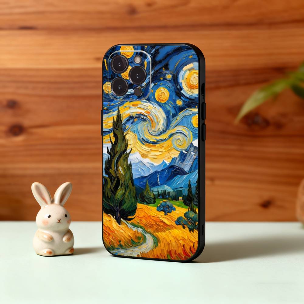 V-Van G-Gogh The Starry Night Phone Case For iPhone17,16,15,14,13,12Plus,Pro Max,XS,5G Soft Silicone Black Cover