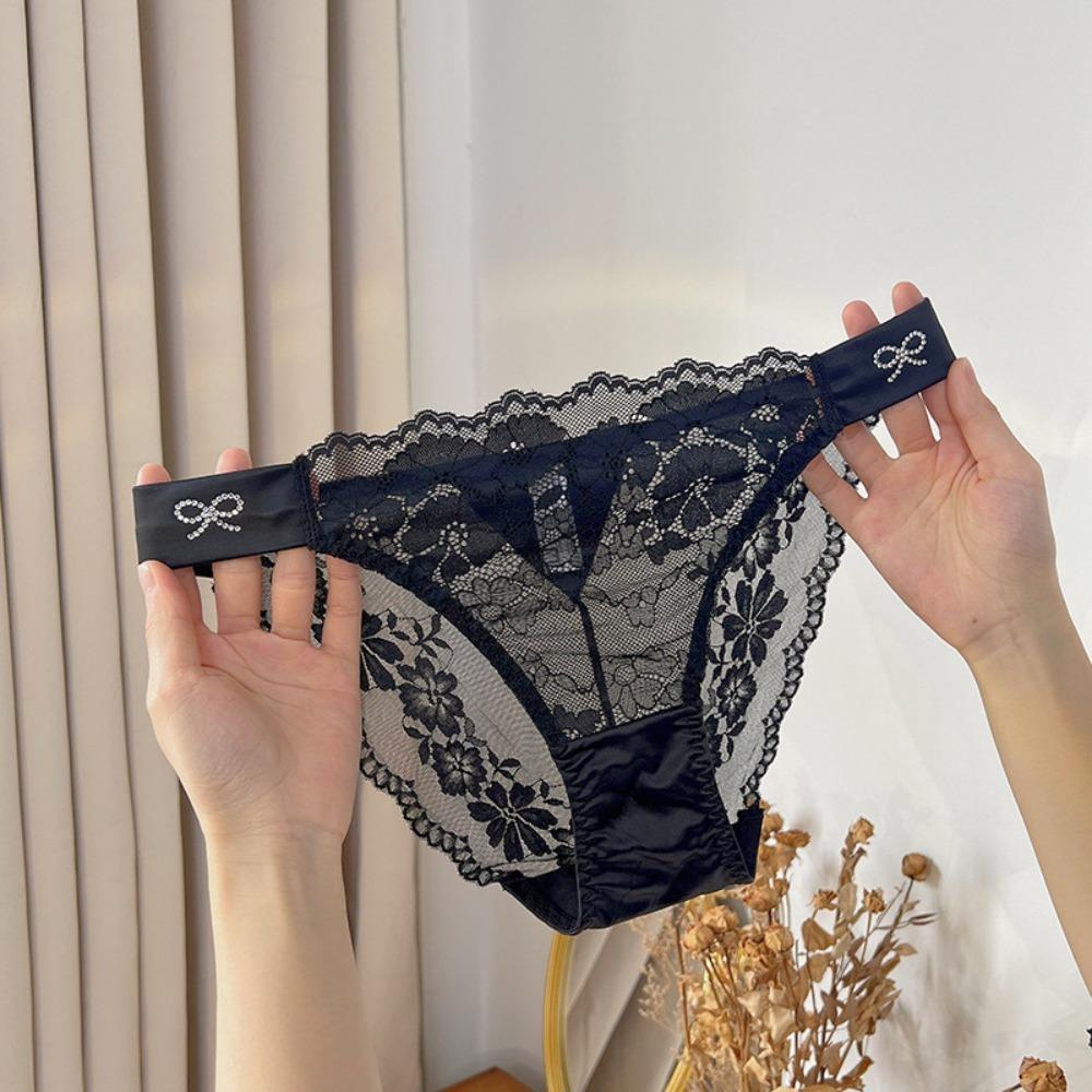 Transparent Floral Lace Panties Bow Women's Underpants Fashion Rhinestone Mesh Briefs  Girls
