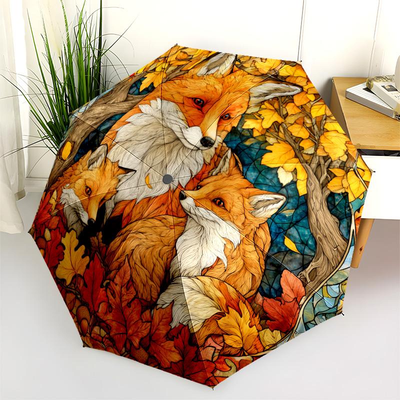 0106 Fox Family  pattern, automatic folding umbrella, portable and foldable design, 8 ribs, a Christmas or birthday gift.