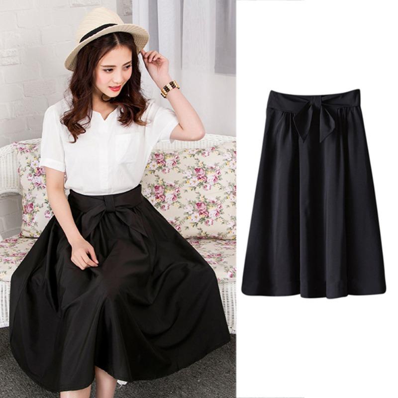 Lady's Elegant High Elastic Waist Pleated Skirts  Casual Bow Mid-calf Skirts