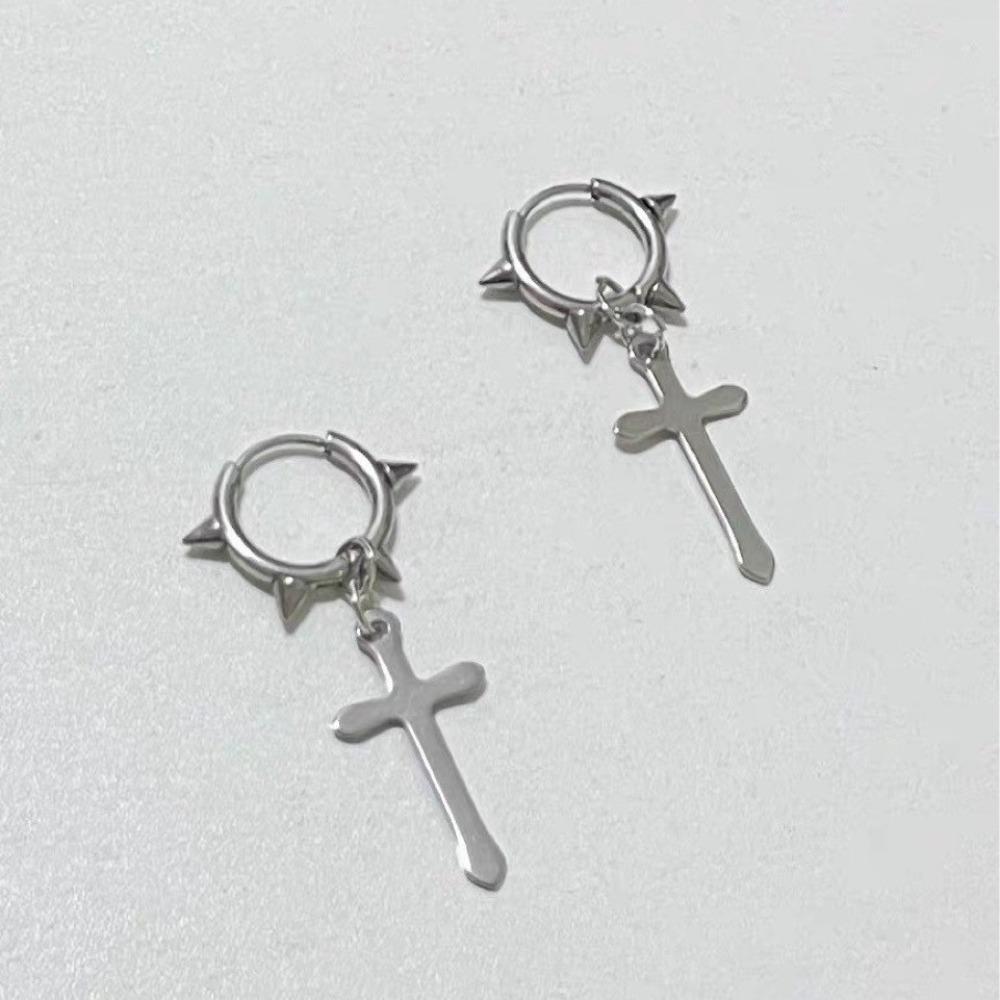 Trend Personality Geometry Sliver Color Cross Pendant Rivet Hoop Earrings for Women Men Gothic Punk Piercing Jewelry Accessory