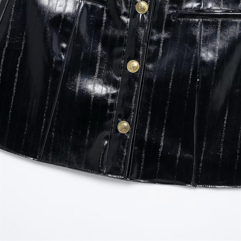 2025 Spring Women's Slim Fit A-Line High Waist Shiny Faux Leather Single-Breasted Decorative Short Skirt