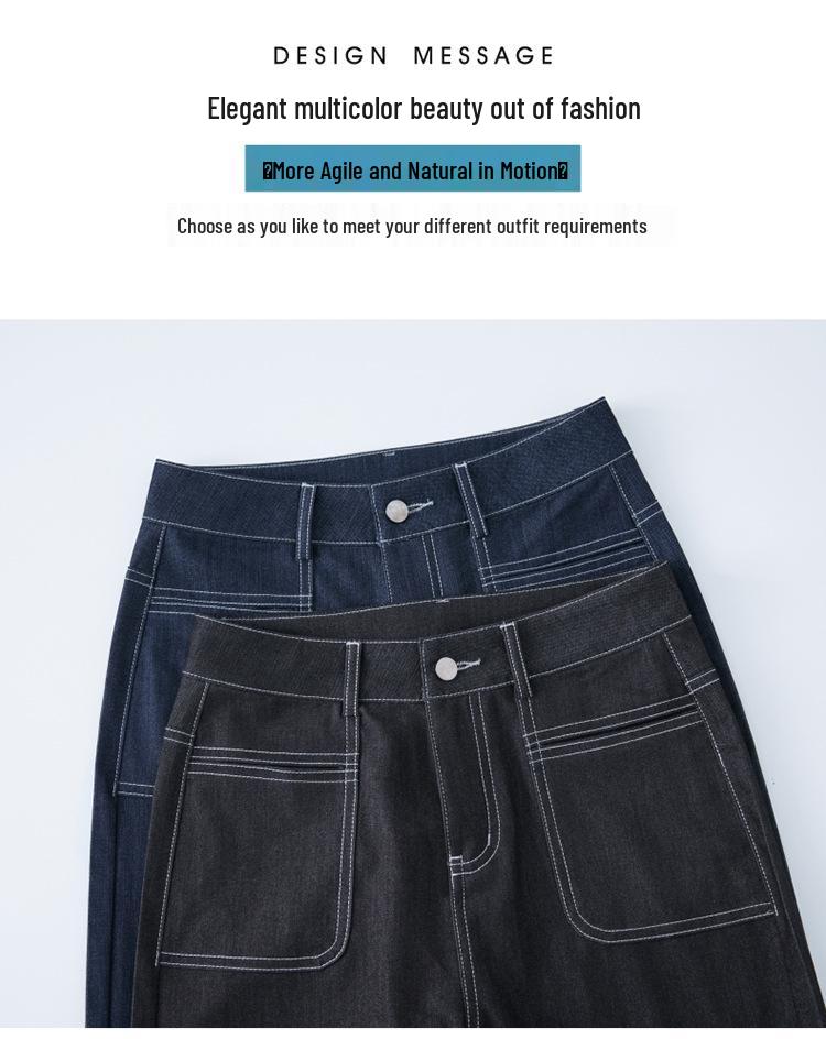 Women's Dark Blue High-Waisted Wide-Leg Jeans, Summer 2024 Loose Fit, Lightweight Eight-Point Pants for Middle-Aged Moms.