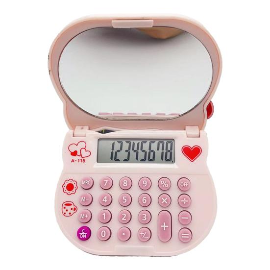 Cat Calculator with Makeup Mirror 8-Digit Display Soft Rubber Buttons Bright Color