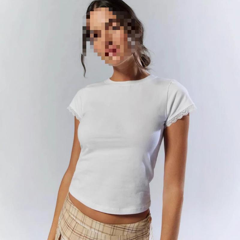 European and American Summer Round Neck Slim Fit Solid Color Lace Patchwork Short Sleeved Top