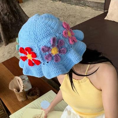 Nischen-Hut im japanischen Stil mit bunten Blumen, hohl gestrickt, Fischerhut für Damen, Frühlings- und Sommer-Strandurlaubsstil, handgefertigter Basin-Hut