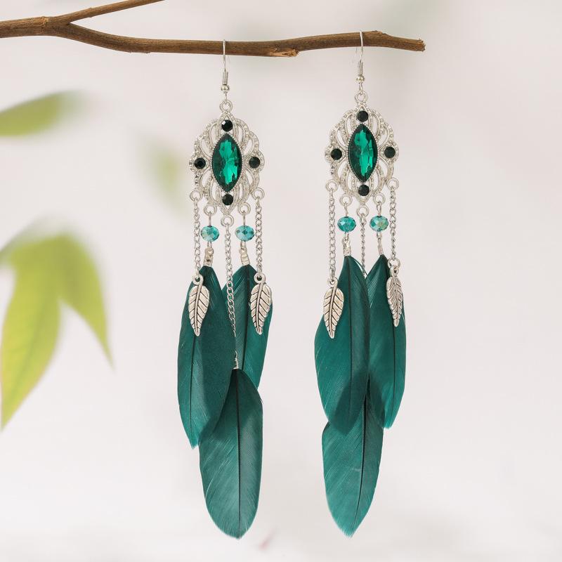 Fashion Temperament Bohemian Feather Earrings for Women Long Crystal Leaf Vintage Earring Female Wedding Party Jewelry