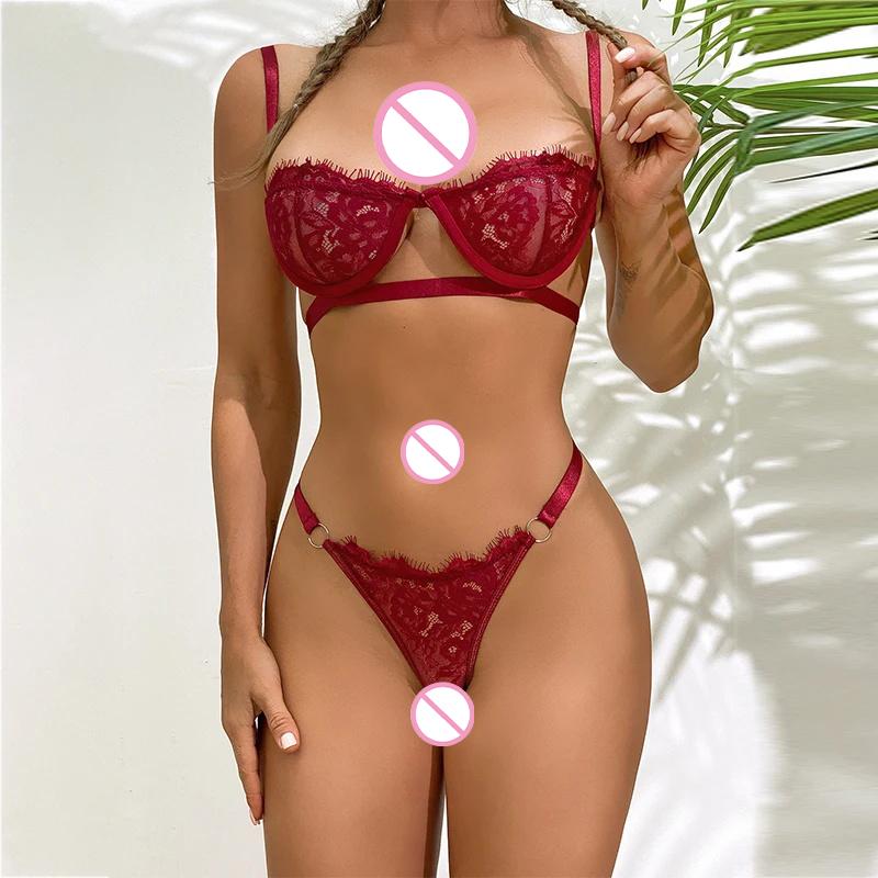 Sexy Dessous Spitzen Offener BH Halbe Brustschale Tanga Unterwäsche Sets Verführung Transparentes Zweiteiliges Set Kostüme